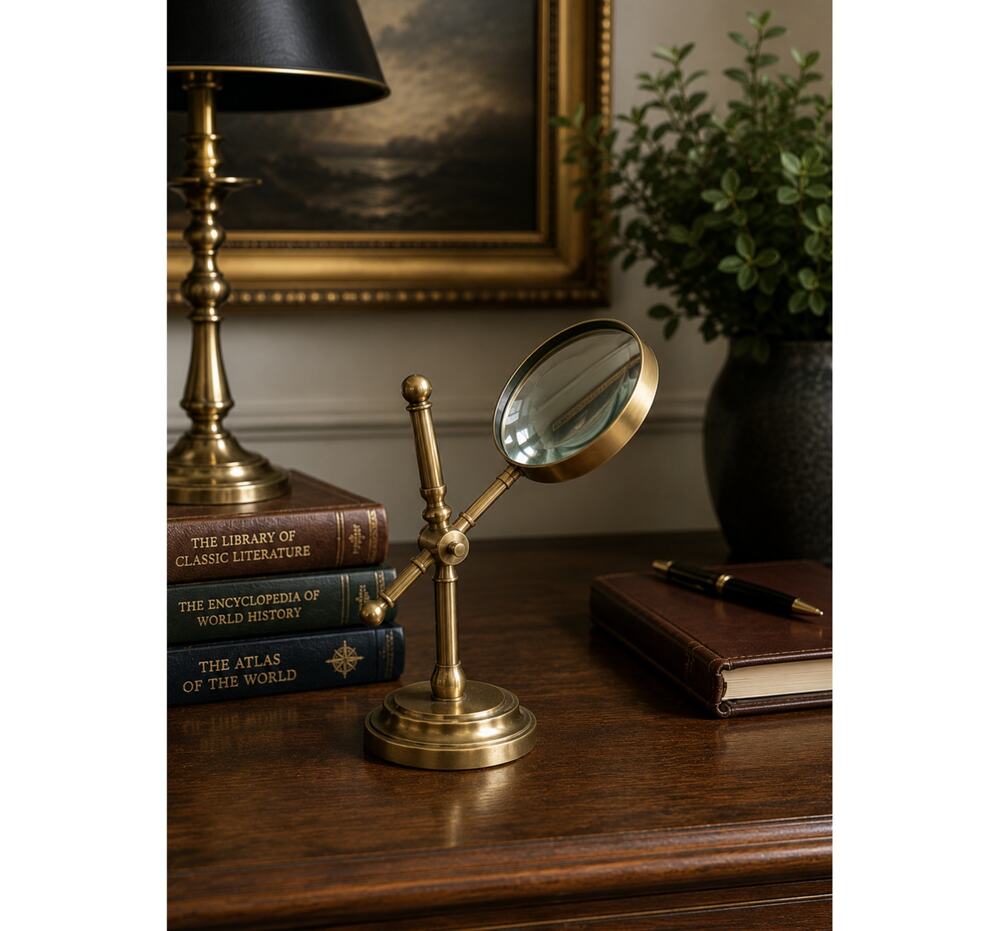 Vintage Desk Top Brass Magnifying Glass on Stand